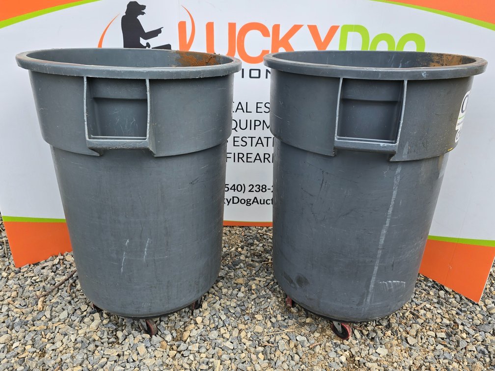 (2) 55 Gallon Rubbermaid Brute Trash Cans & (2) Single Can Dollys 