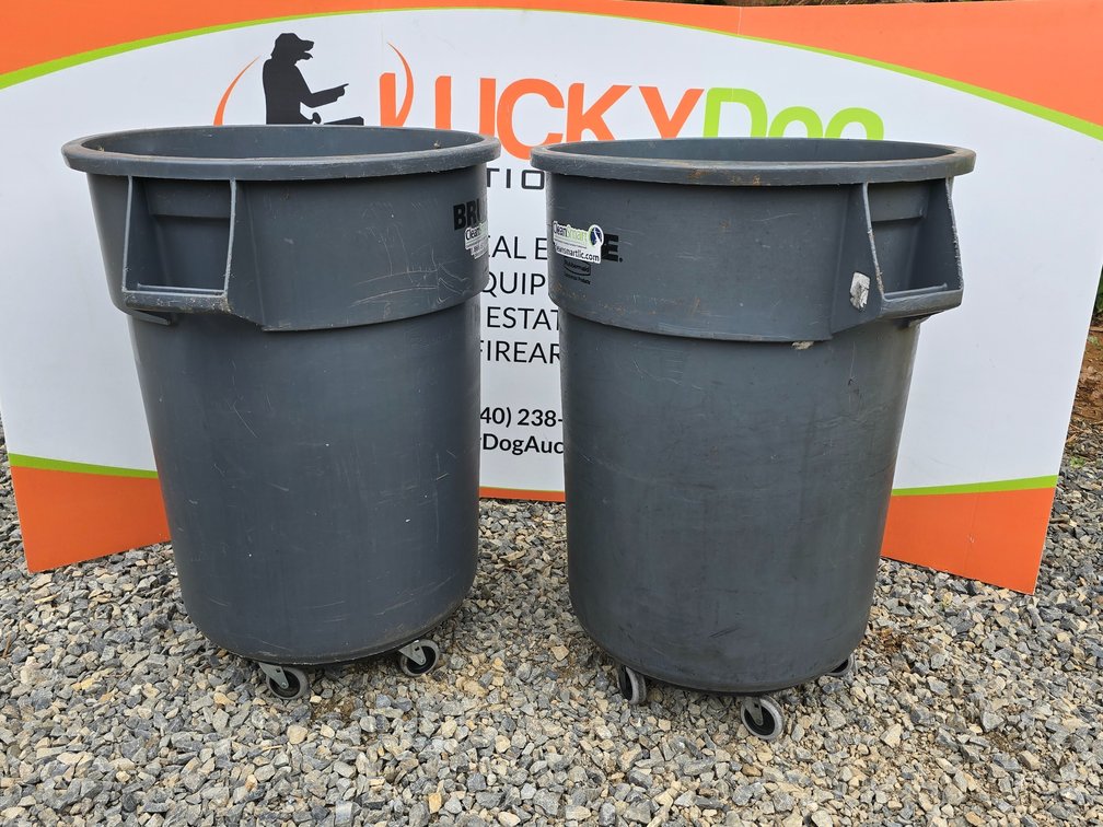(2) 55 Gallon Rubbermaid Brute Trash Cans & (2) Single Can Dollys 