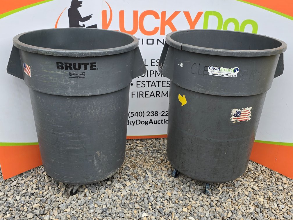 (2) 55 Gallon Rubbermaid Brute Trash Cans & (2) Single Can Dollys 