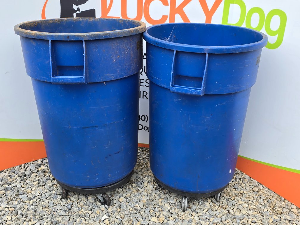 (2) 44 Gallon Rubbermaid Brute Trash Cans & (2) Single Can Dollys 