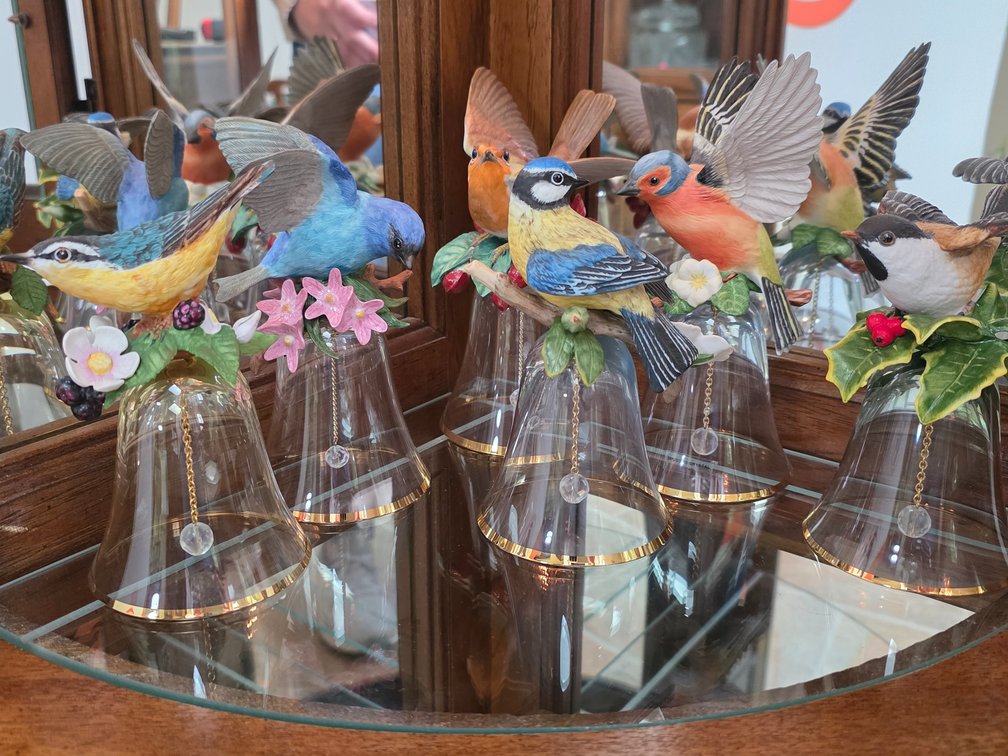 The Franklin Mint Leaded Crystal and Ceramic Bird Bells Collection -11 Included - Crystal Wine Glasses - Ceramic Cardinal Candle Stick Holders