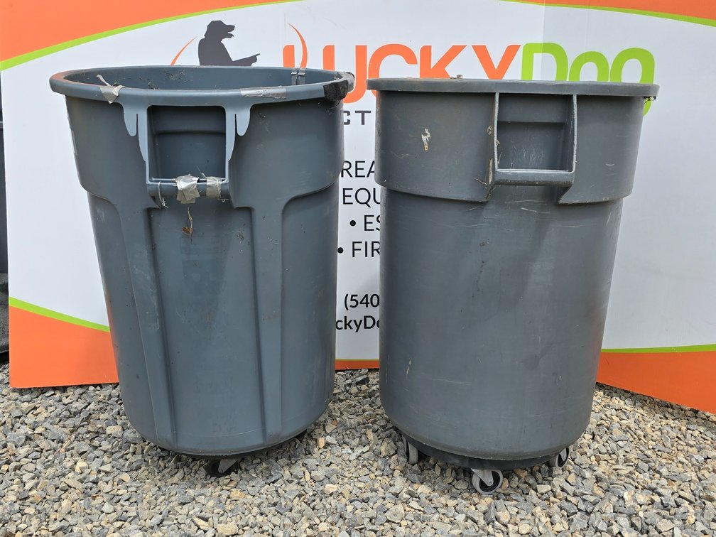 (2) 55 Gallon Rubbermaid Brute Trash Cans & (2) Single Can Dollys 