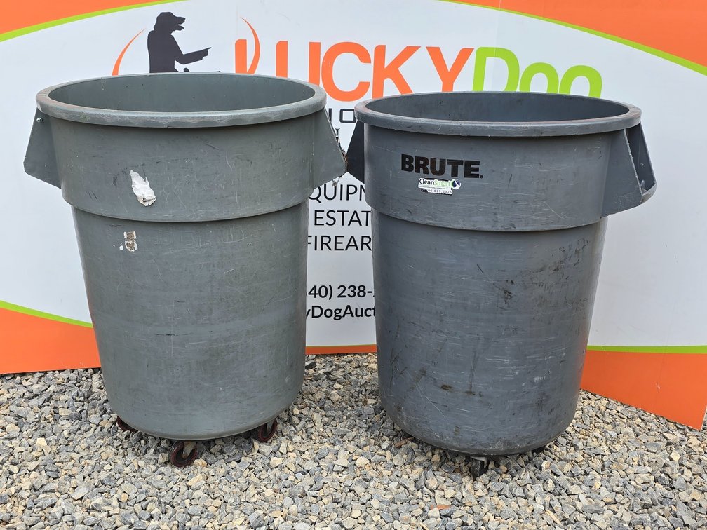 (2) 55 Gallon Rubbermaid Brute Trash Cans & (2) Single Can Dollys 