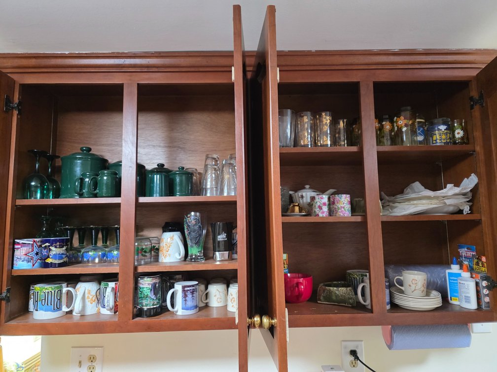 Upper Kitchen Cabinets Contents - Canister Jars - Corning Ware Coffee Cups - Cut Crystal - Vintage Glassware 