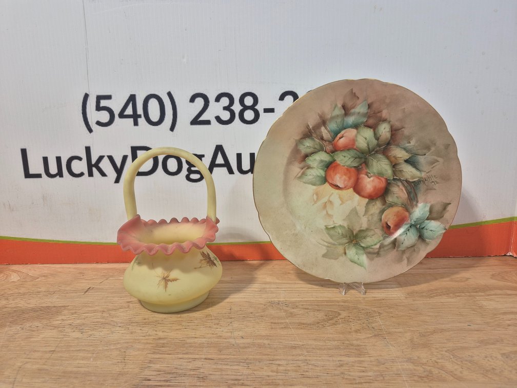 Fenton Burmese Basket 7.5" Tall and Decorative Plate Dated 1972 