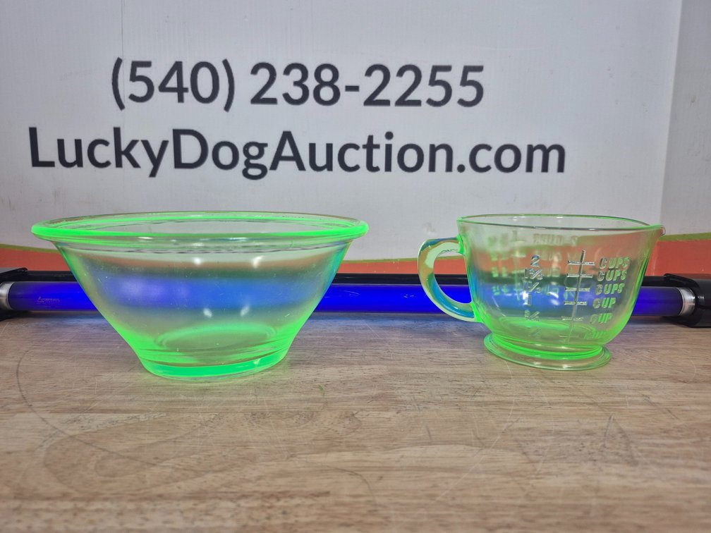Vaseline/Uranium Glass Bowl (4"×8") and Measuring Cup (3.75"×5")