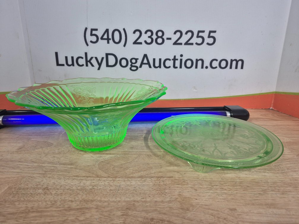 Vaseline/Uranium Glass Serving Bowl (5"×11.75") and Footed Cake Dish (1"×10")