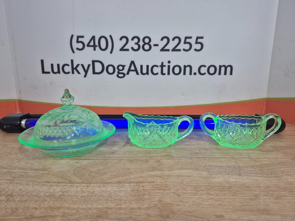 Vaseline/Uranium Glass Candy Dish (5"×7") - Creamer (3"×5.75") and Sugar Bowl (3"×6.5")