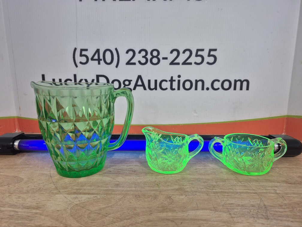 Vaseline/Uranium Glass Pitcher (6.5"×5.5") - Creamer (3.5"×5") and Sugar Bowl (2.5"×5.75")