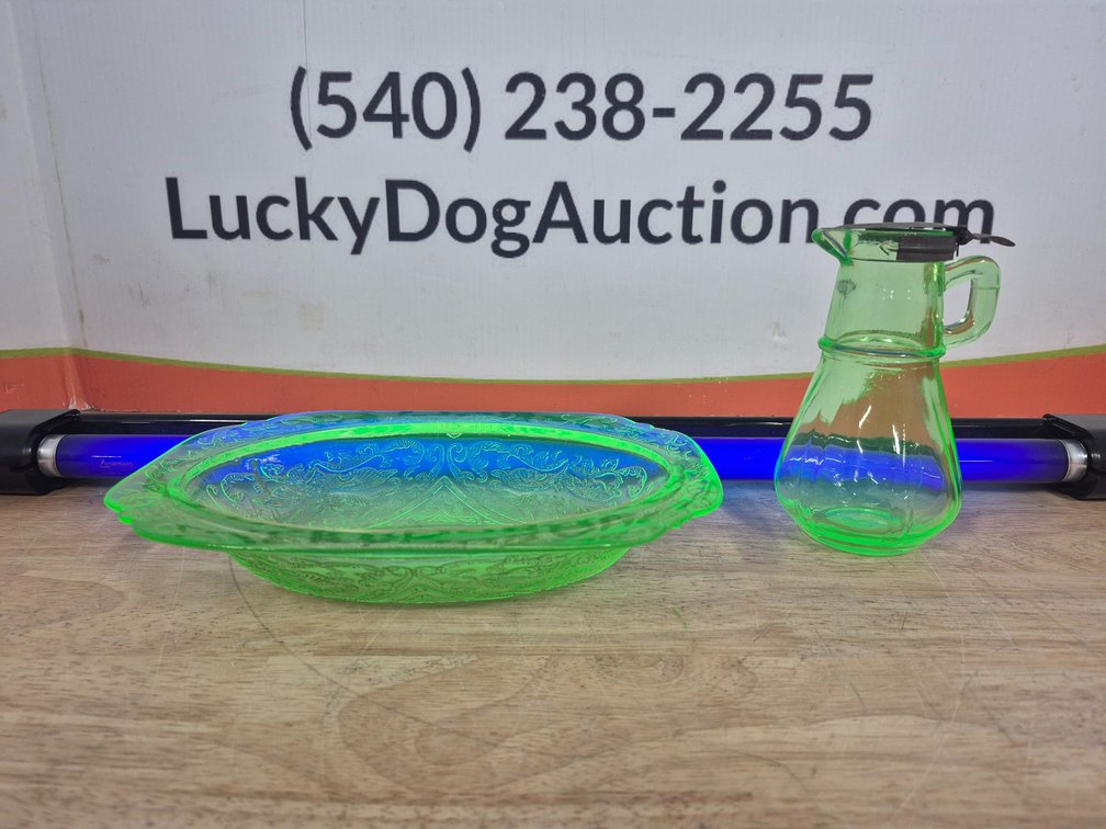 Vaseline/Uranium Glass Oval Platter (2"×10"×7") and Syrup Pitcher (6.25"×3.5")