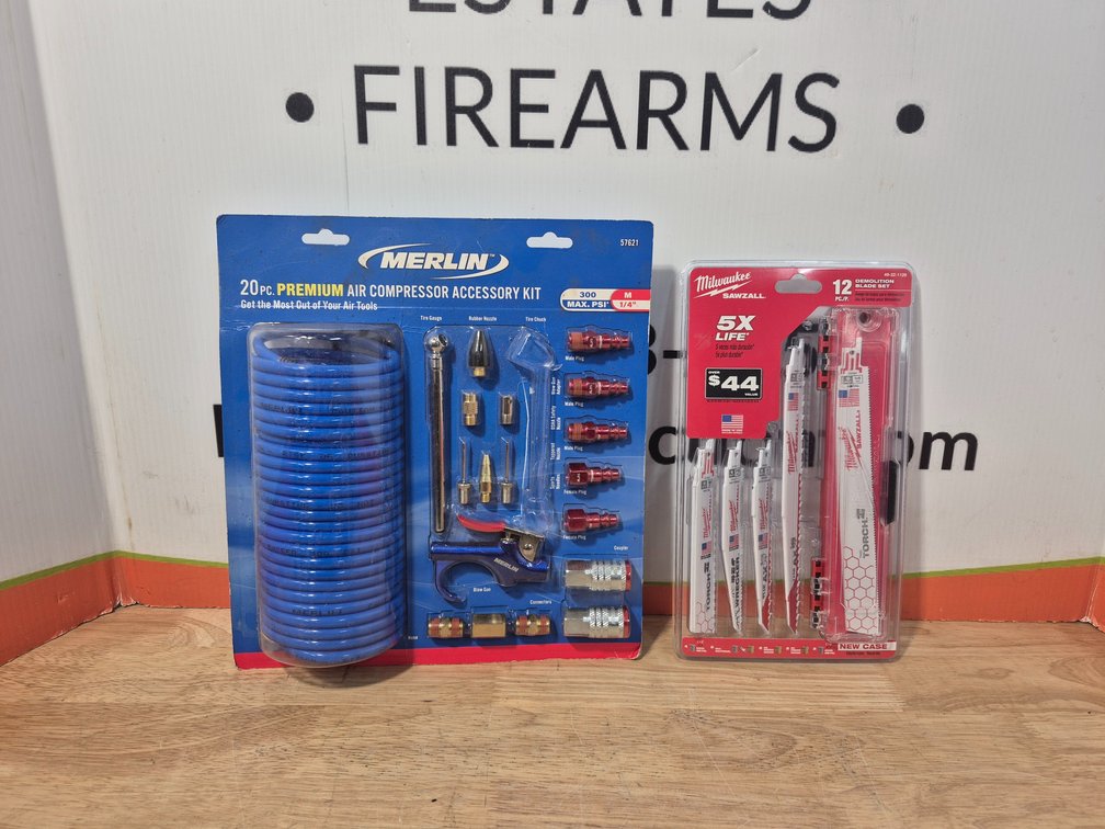 Merlin 20pc. Premium Air Compressor Accessory Kit (Missing Air Chuck) and Milwaukee 12pc. Sawzall Blade Set
