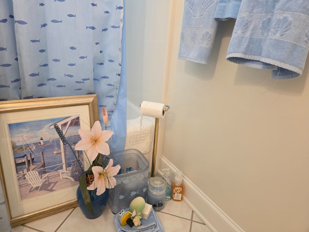 Hallway Bathroom Items - Shower Curtain and Liner - Decorative Floral Arrangement - Seashell Hand Towels - Decorative Trash Can - Toilet Paper Roll Holder - Decorative Lighthouse Framed Print