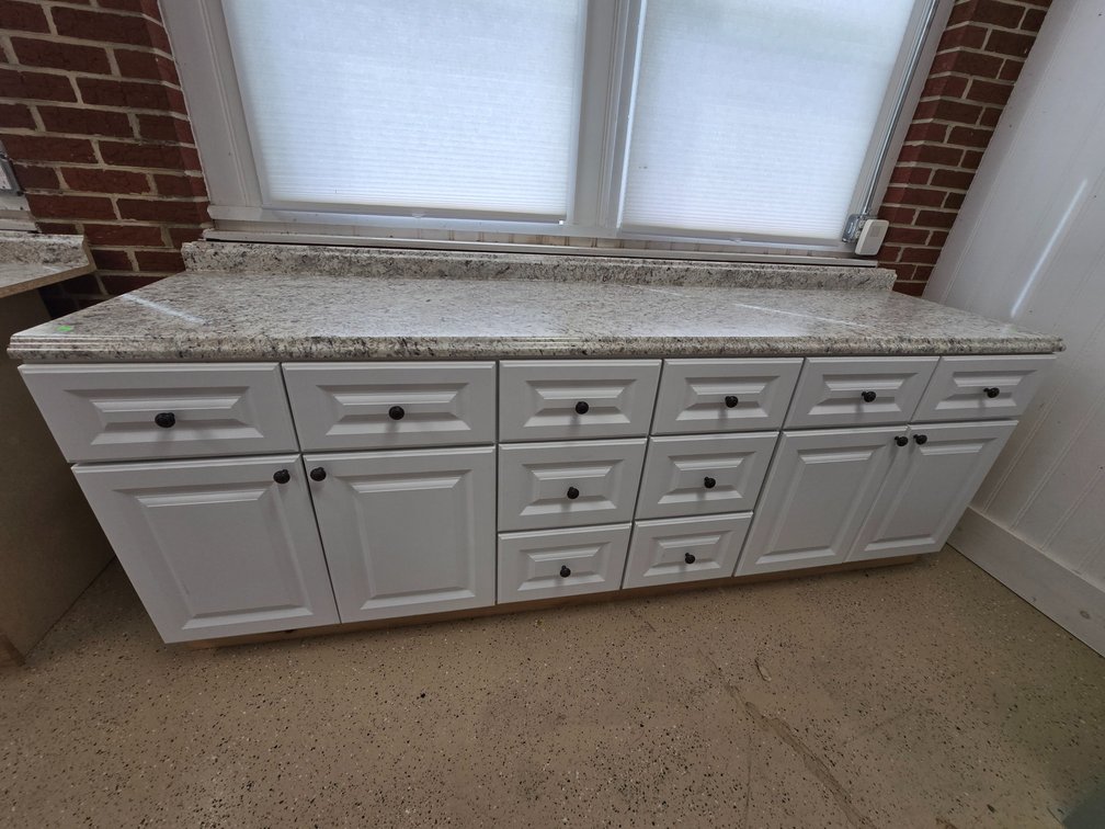 Storage Cabinets w/ Countertop w/ Misc. Office and Embroidery Contents - 40" T x 96" L x 26" D
