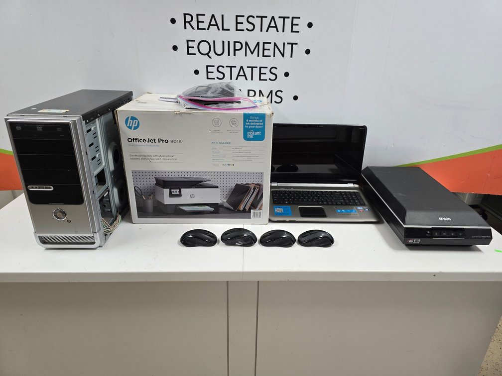 HP Laptop, Cracked Screen - (4) Mouse - HP OfficeJet Pro 9018 Printer - Epson V600 Photo 