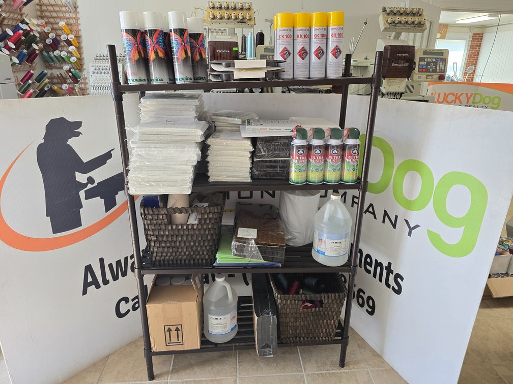 Metal Shelving w/ Misc. Embroidery Supplies -56" T x 36" W  x 15" D - Temp. Adhesive Spray - Ultra Duster - All Stitch Oil - Texmac Sticky Backing, Various Sizes 