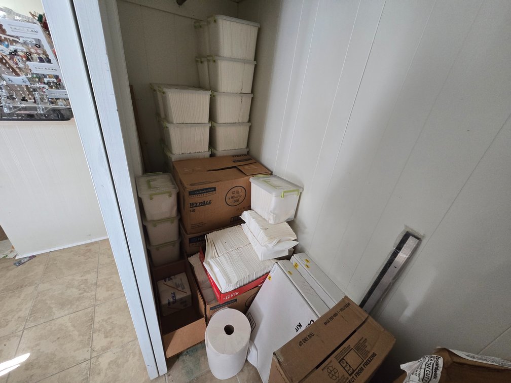 Embroidery & Cleaning Supplies - Closet Contents - Floor Cleaner - Cut End Mop - Regulatory Compliance Kits - Small Toolbox - Wooden Crate - Backing Paper 