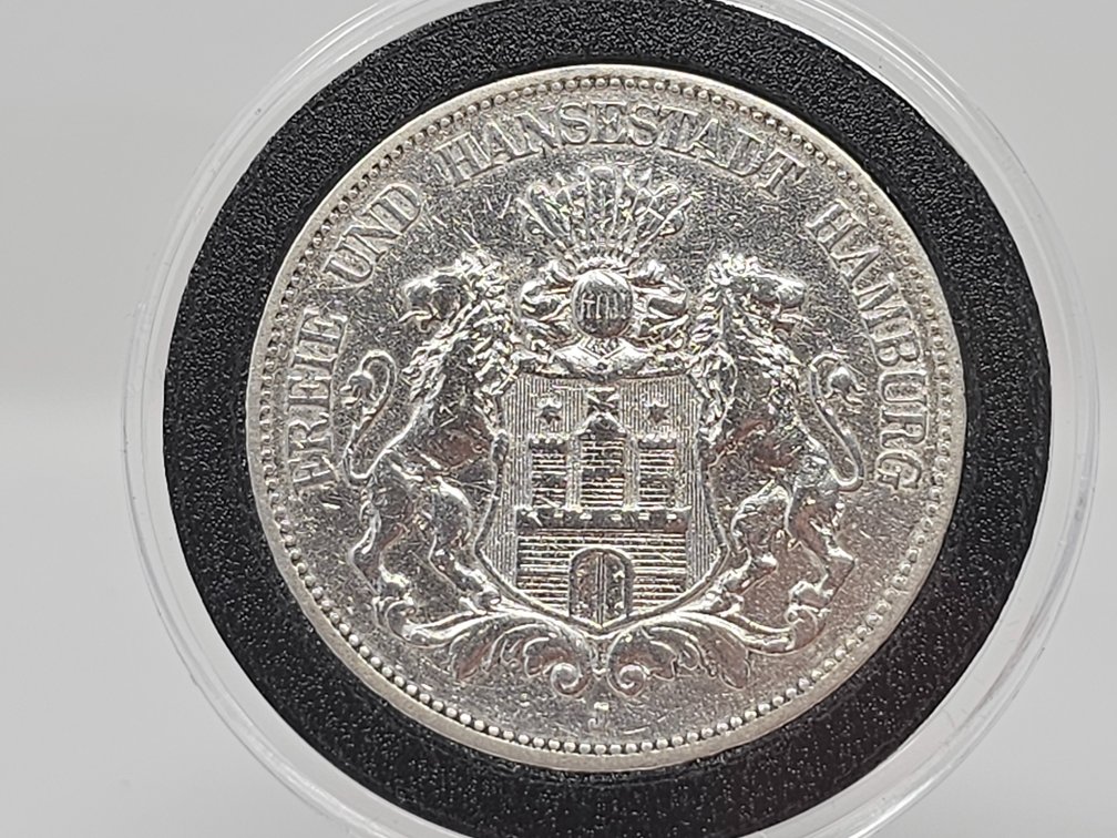 2 Mark Free Hanseatic City Hamburg City Coat of Arms 1876 J - Silver Coin w/ Capsule 