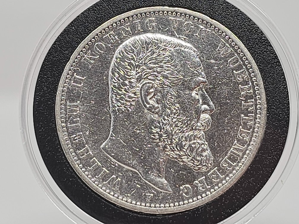 1904 F Germany Wurttemberg Wilhelm II Funf 5 Mark - Silver Coin w/ Capsule 