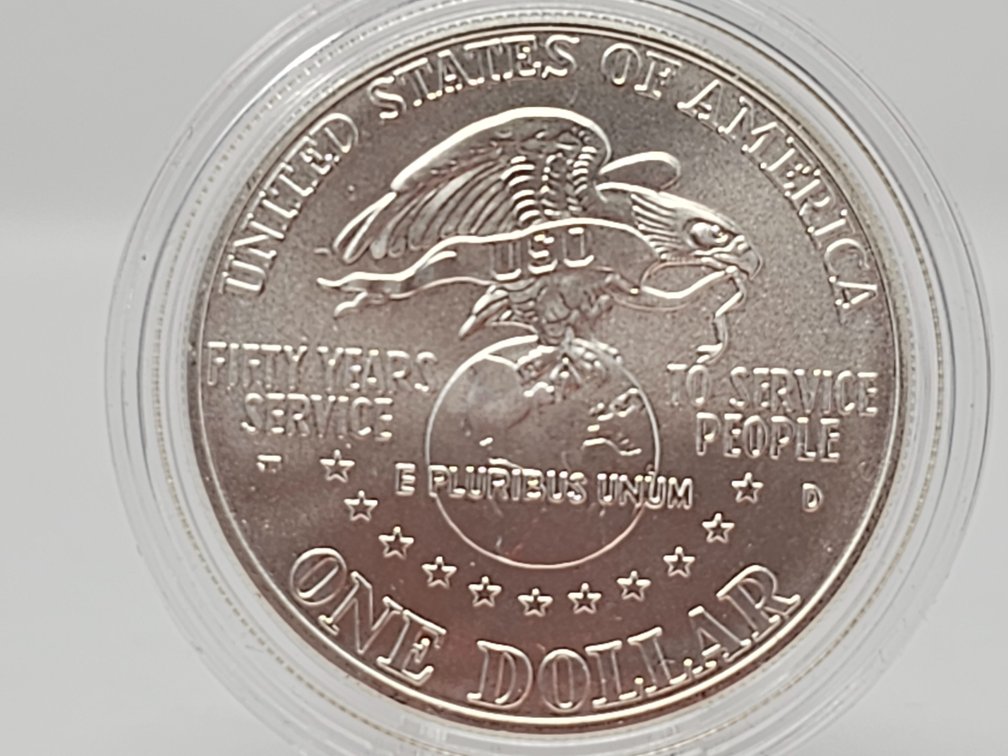 1991-D USO Silver Dollar Uncirculated 50th Anniversary Commemorative Coin w/ Capsule 