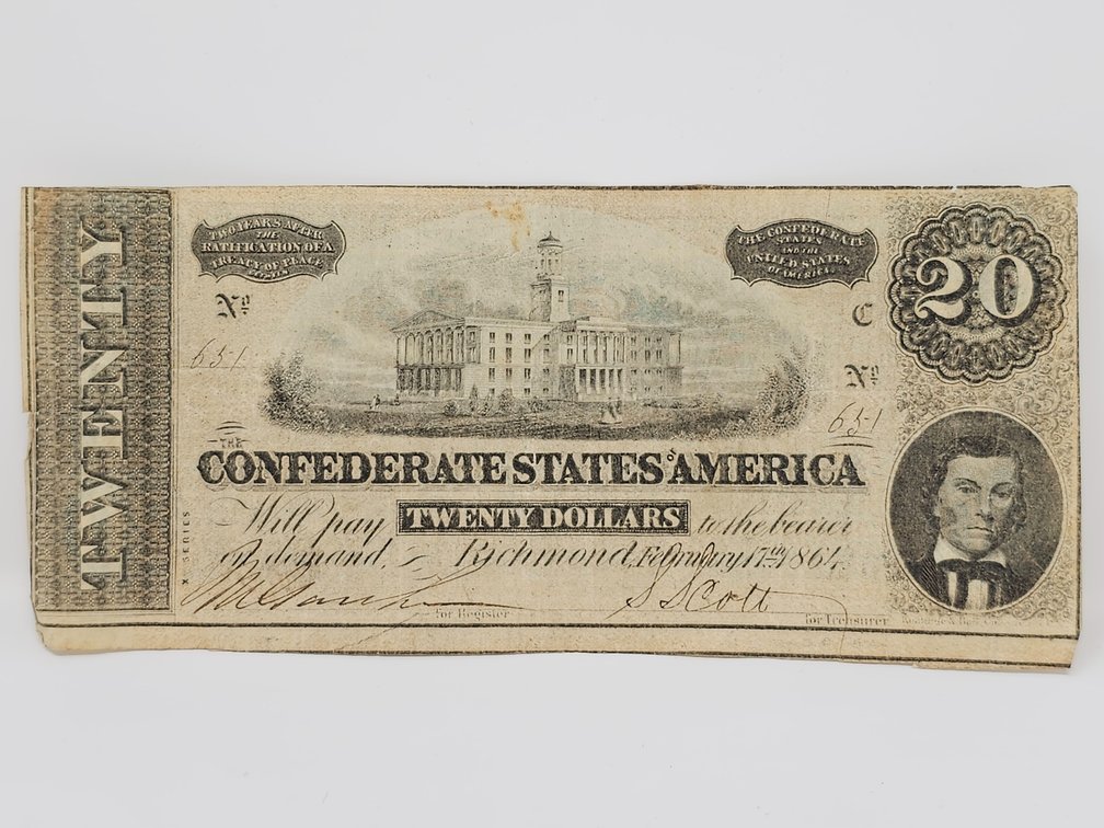 1864 $20 Dollar Bill CSA Note Confederate States of America Richmond Currency