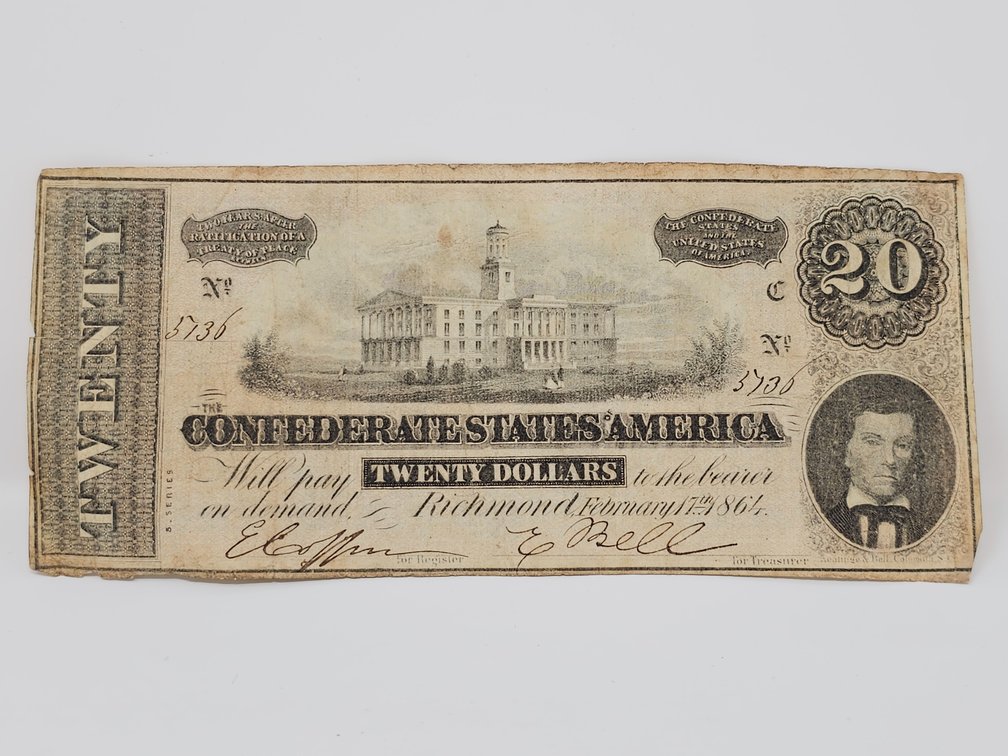 1864 $20 Dollar Bill CSA Note Confederate States of America Richmond Currency