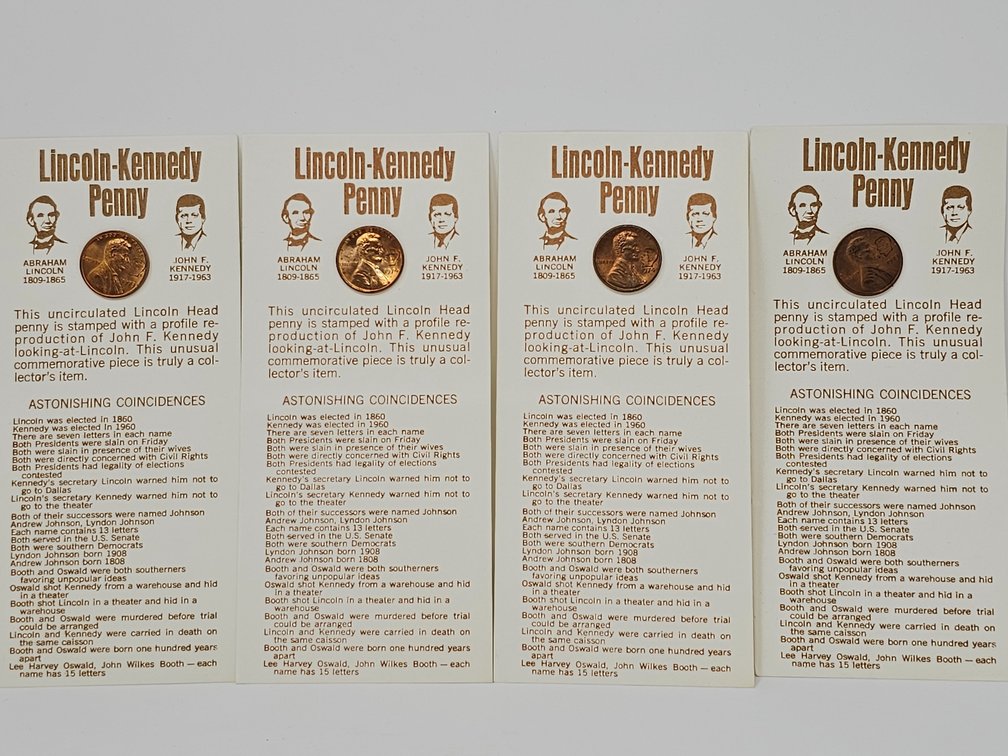 US 1974/1973 Lincoln/Kennedy Penny w/ Astonishing Coincidences Card X4