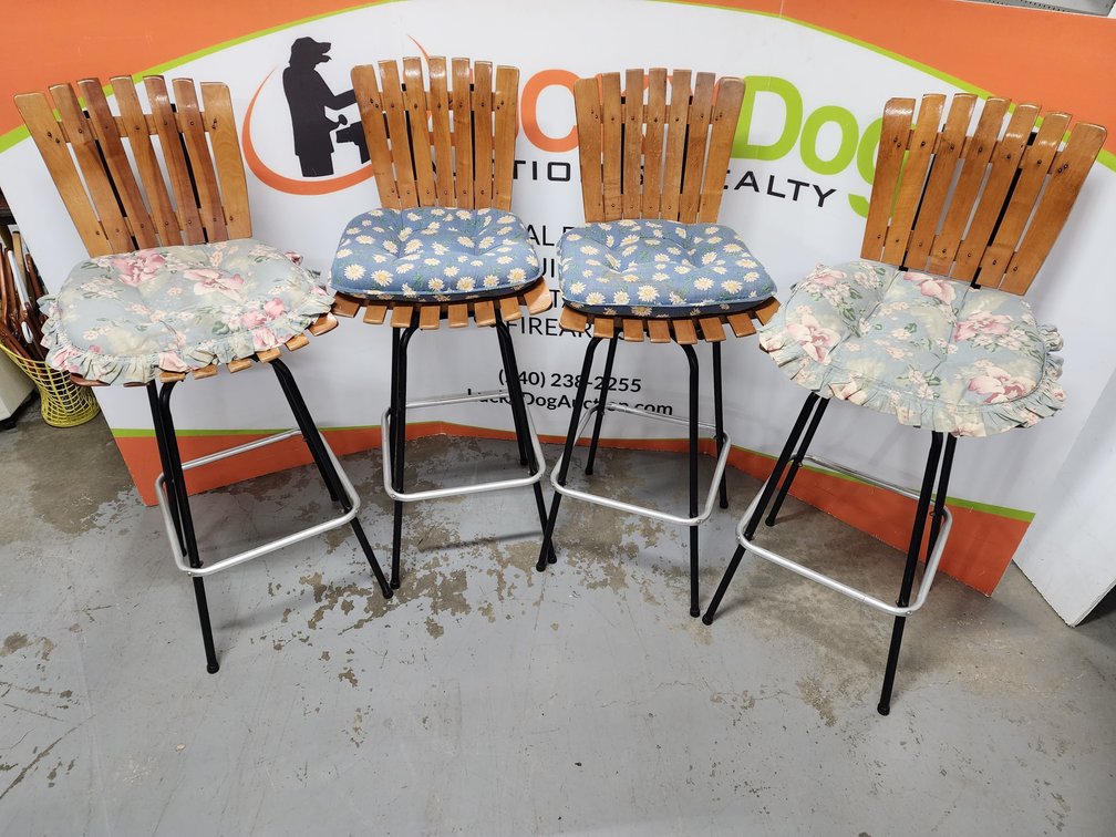 (4) Wood Slat Bar Stools w/ Seat Cushions 