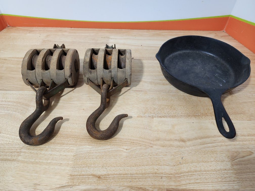 Number 6 Cast Iron Skillet - Block and Tackle Pulleys 