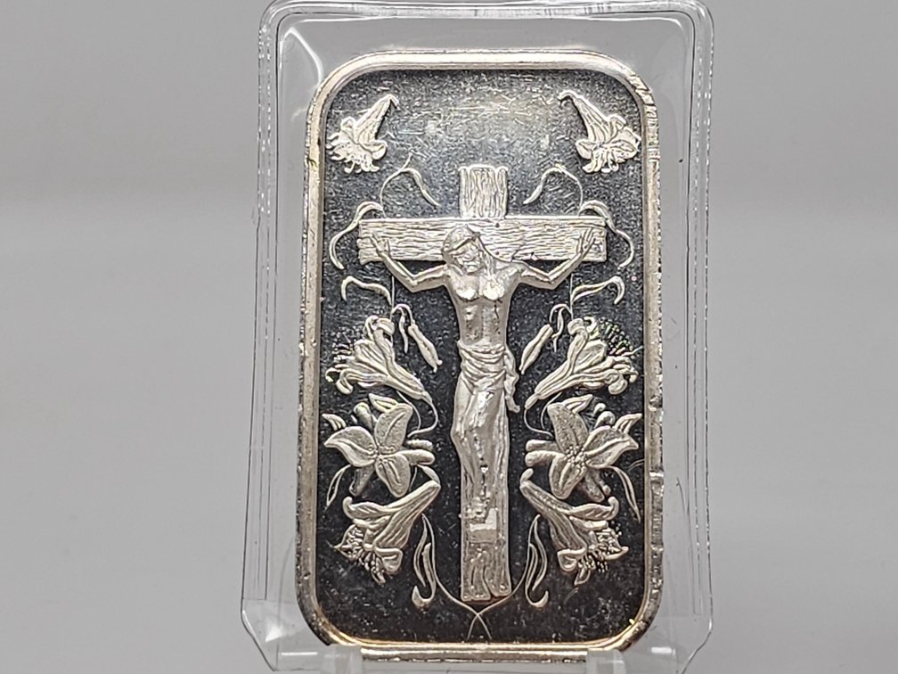 Vintage Jesus Crucifix 1 Oz .999 Silver Bar w/ Sleeve