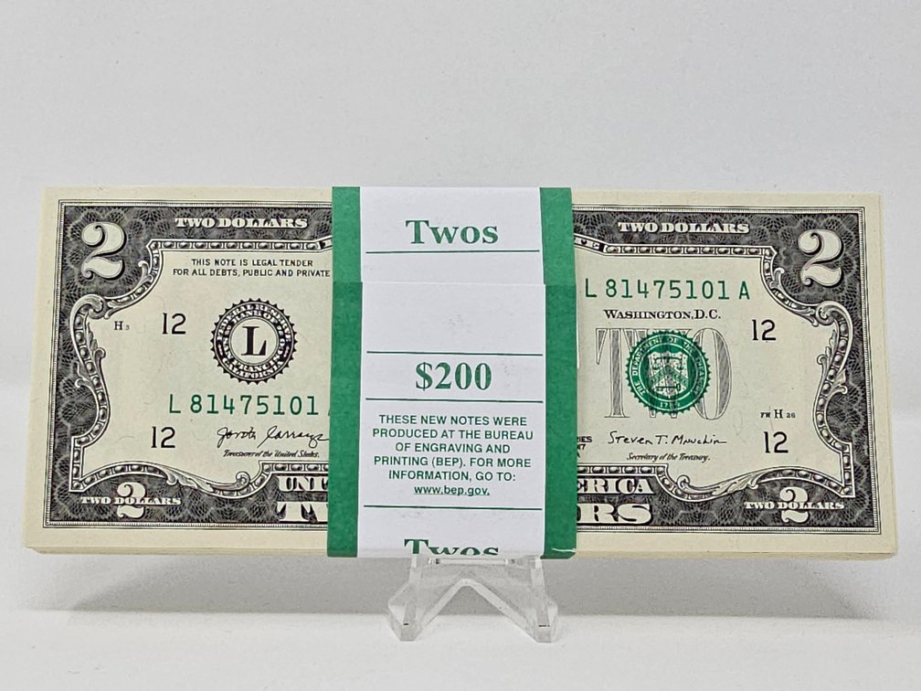 (100) 2017-A Uncirculated Sequential $2 Dollar Notes - Serial Numbers L81475101A through L81475200A - Rare