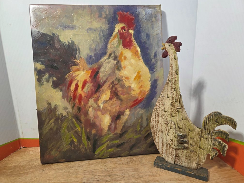 Rooster Oil Painting on Canvas - Measures 24" x 20" - Wooden Rooster Decor - Measures 18.5" Tall