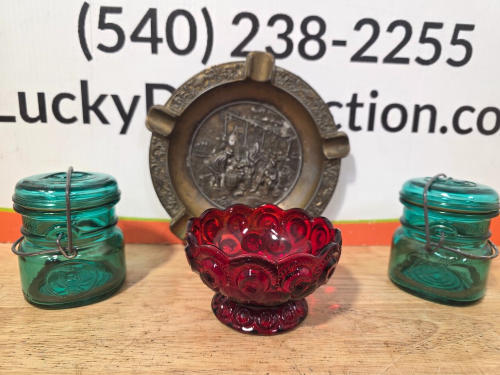  L.E. Smith Moon and Stars Red Glass Compote - Ball Wired Jars - Vintage Ash Tray - 
