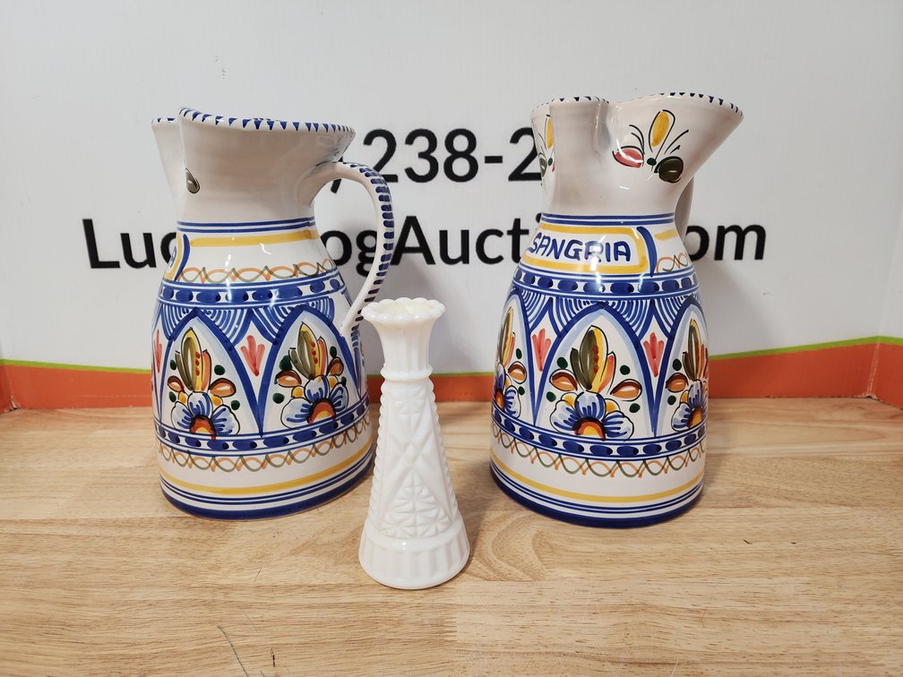 Milk Glass Vase - (2) Talavera Pottery Sangria Pitcher Made In Spain
