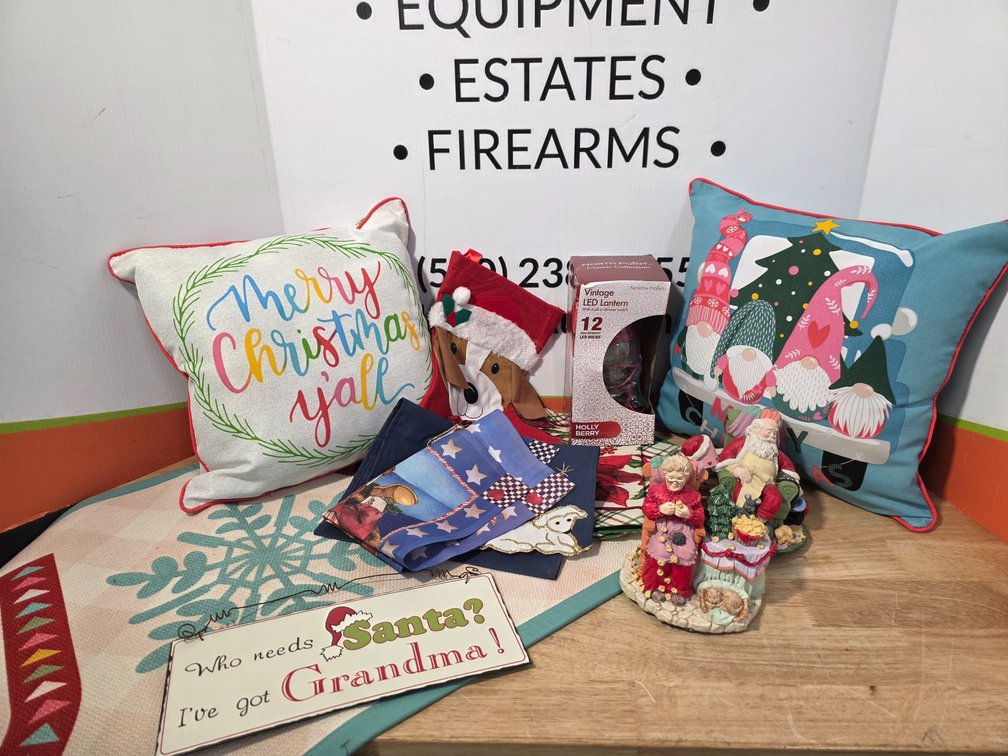 Christmas Themed Outdoor Pillows - Christmas Garden Flags - Vintage LED Lantern (New) - Christmas Figurines - Joy Floor Mat - "Who Needs Santa When You've Got Grandma" Metal Sign