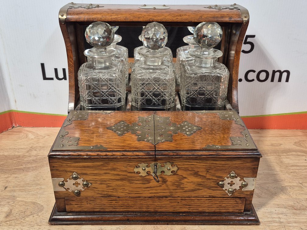 Late Victorian English Tantalus Decanter Set W/Key Measures - 13" Tall × 14.25" Wide × 10.25" Deep  