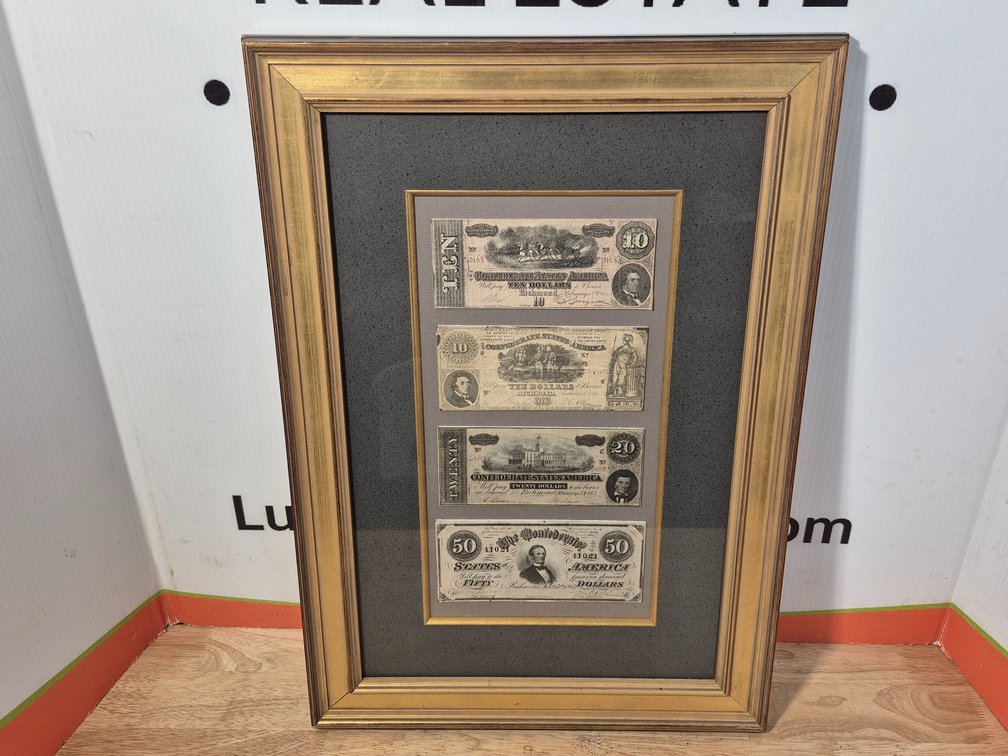 Framed Confederate Money 10 - 20 and 50 Dollar Bills - Measures - 17"×24.75"