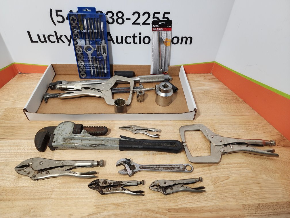 18" Aluminum Pipe Wrench - Assorted Vise Grips - 21 Piece Tap & Die Set and More 