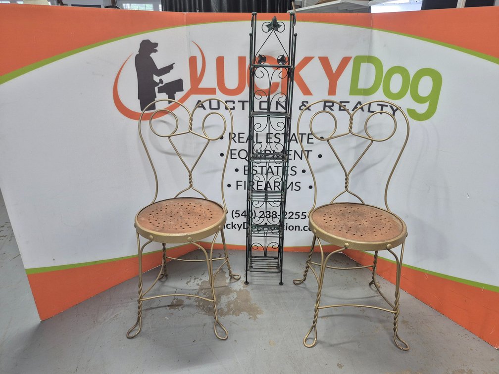 Metal/Wood Patio Chairs 35"×16"×15" and Metal Display Rack 48"×7"×6"