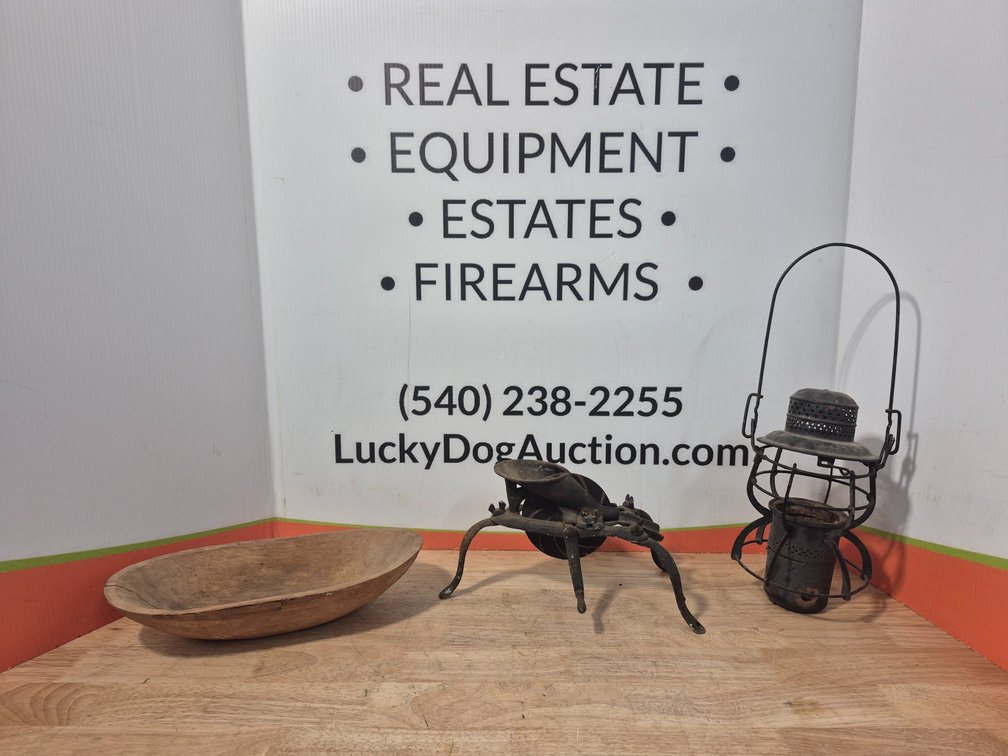 Wooden Bowl 3"×14"×7" - Antique Cherry Slicer and Antique Railroad Lantern 