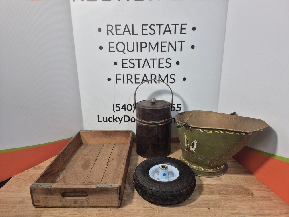 Wooden Crate - metal Coal Bucket - Dolly Wheel and More 
