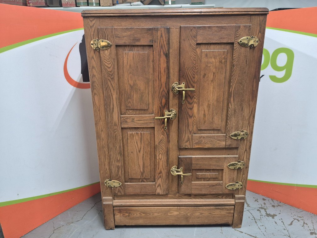 Antique Wooden Ice Box Measures - 47" Tall × 33" Wide × 18.25" Deep 