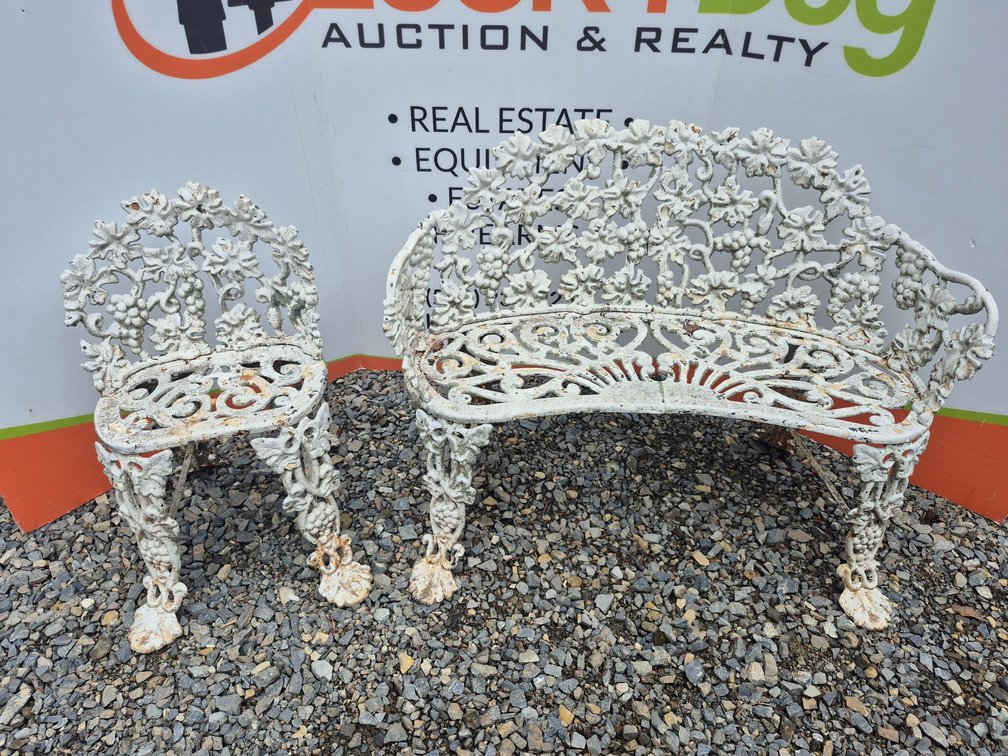 Cast Iron Patio Chair (26"×15"×14") and Bench (28.5"×38"×17")