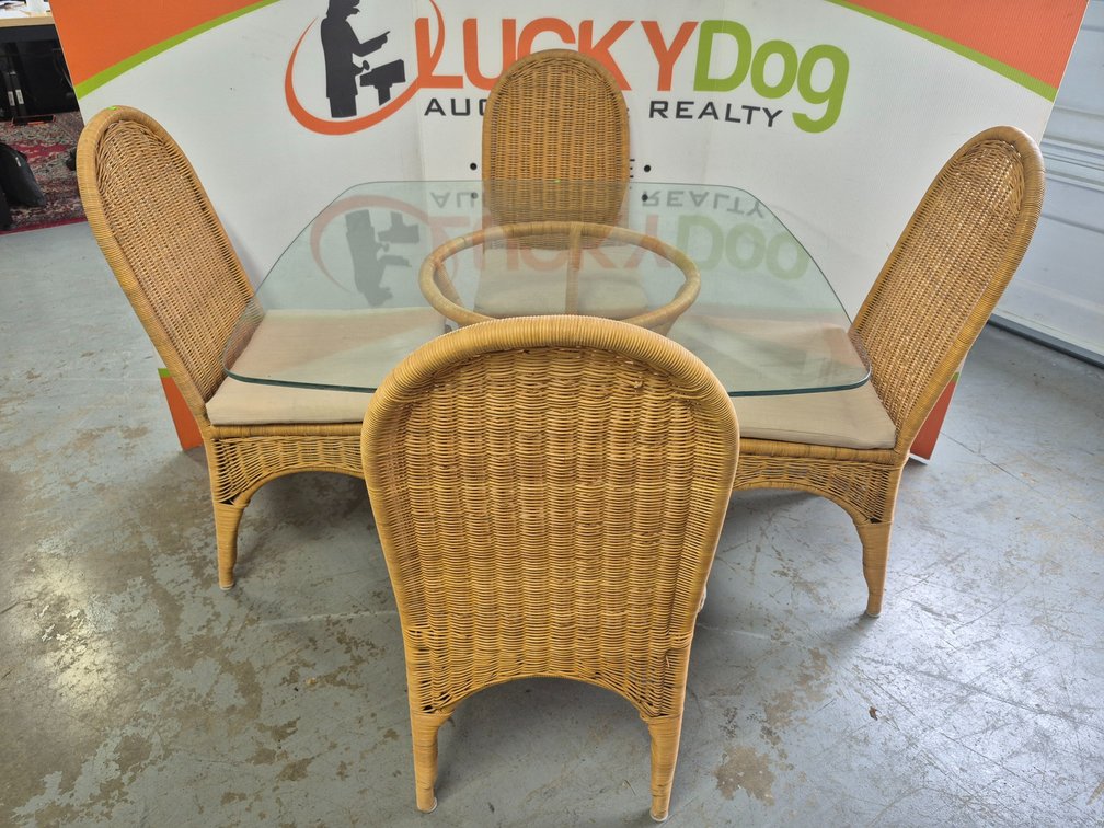 Wicker/Glass Table (28"×42"×42") and Chairs (39"×18"×18")