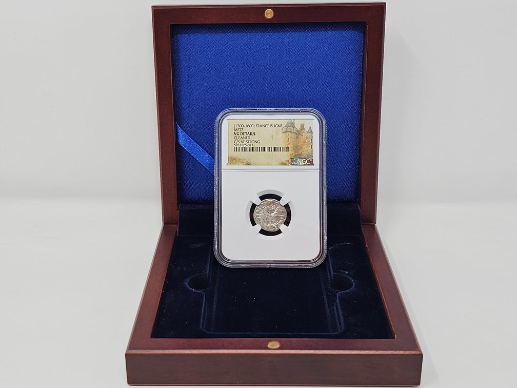 1300-1600 France Bugne Metz - NGC VG Details Cleaned C/S: VF Strong w/ Display Case