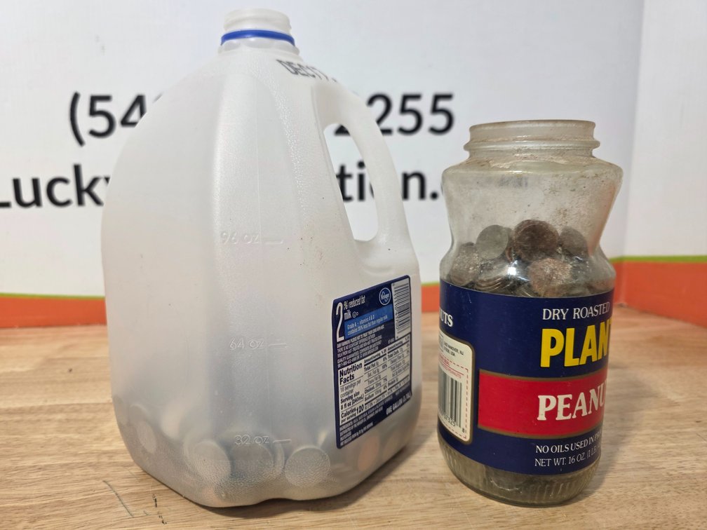 Glass Planters Jar with Coins 3/4 Full - Gallon Milk Jug with Coins 1/3 Full