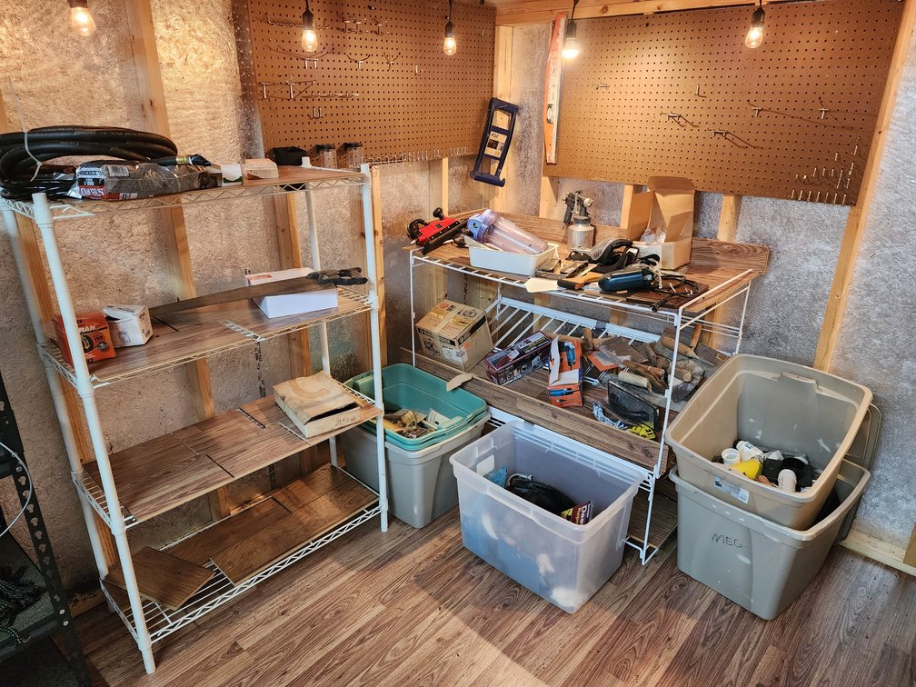 Shed Contents Lot 2 - Shelving - Totes - Assorted Hardware - Tools - Hoses - Wildlife Repellant & More