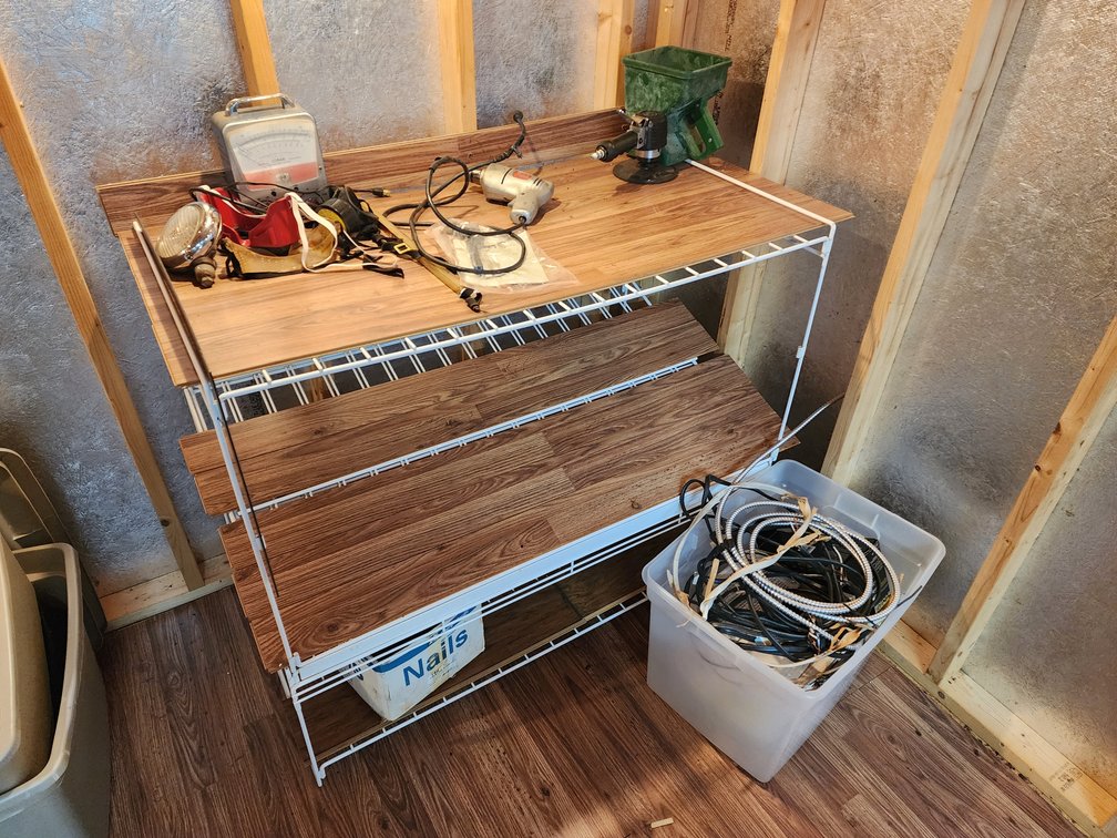 Shed Contents Lot 3 - Shelving - Tote w/ Wire - Spreader - Drill