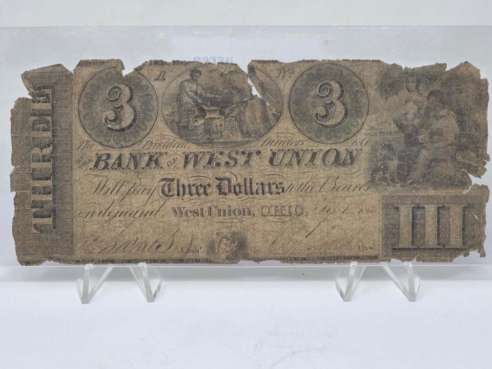 1800's Three-dollar banknote issued by the Bank of West Union, Ohio