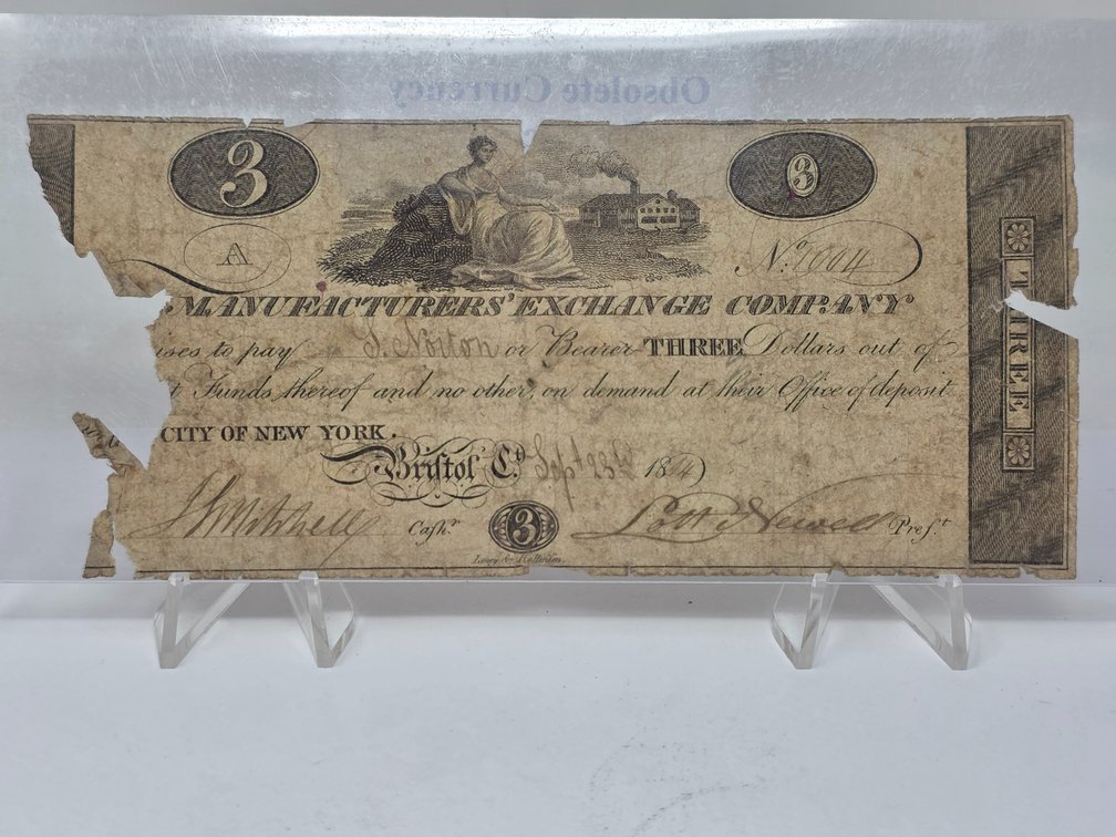 3 Dollar Banknote from the Manufacturers' Exchange Company in Bristol, Connecticut, dated September 15, 1814