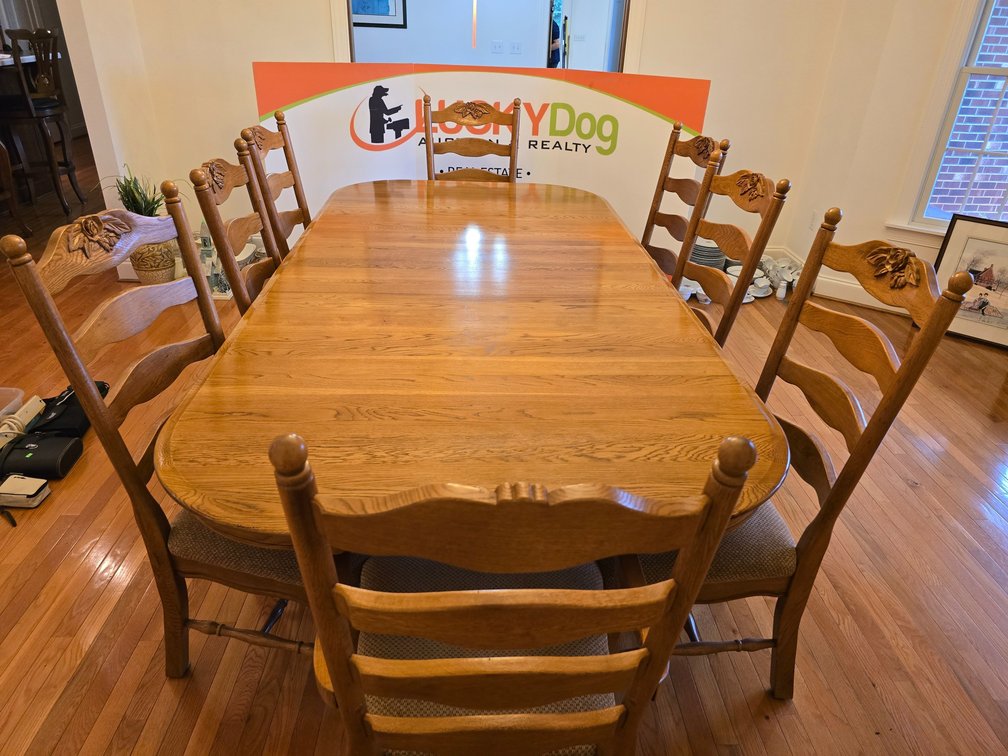 Solid Oak Dining Room Table w/ 8 Chairs and 2 Leaves - Measures 30" Tall x 48" Wide x 99" Long w/ 1 Leaf In